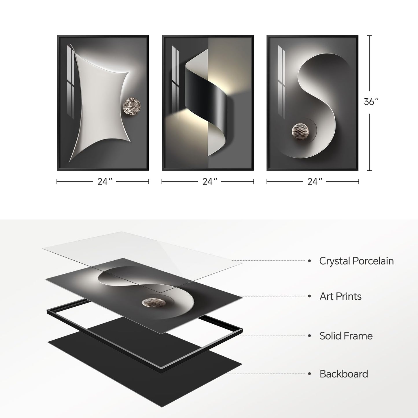 Framed Modern Black and White Abstract Wall Art for Living Room, Large 3 Piece Bright Style Silvery Artwork for Walls, Luxury Painting Prints for Dining Room Hallway Office Wall Decor, 24x36 In