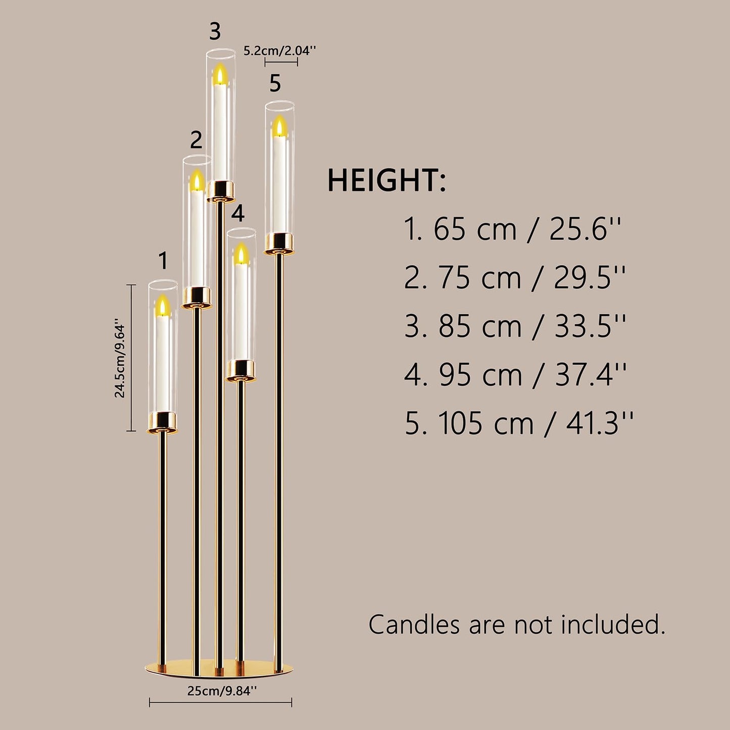 Gold 5-Arm Metal Cluster Taper Candelabra Candle Holders Includes Led Candles & Remote Control, Votive Pillar Candle Holders, Round Wedding Candelabra with Acrylic Shade (1, Gold, 41.3'' x 9.84'')