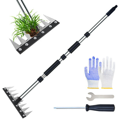 Thickened Version Stainless Steel Weeding Tool, 8 Tines Manual Weeder Rake, Garden Weed Puller Tool with Adjustable Length Handle, Weeder Rakes for Weeding Loosen The Soil and Collect Fallen