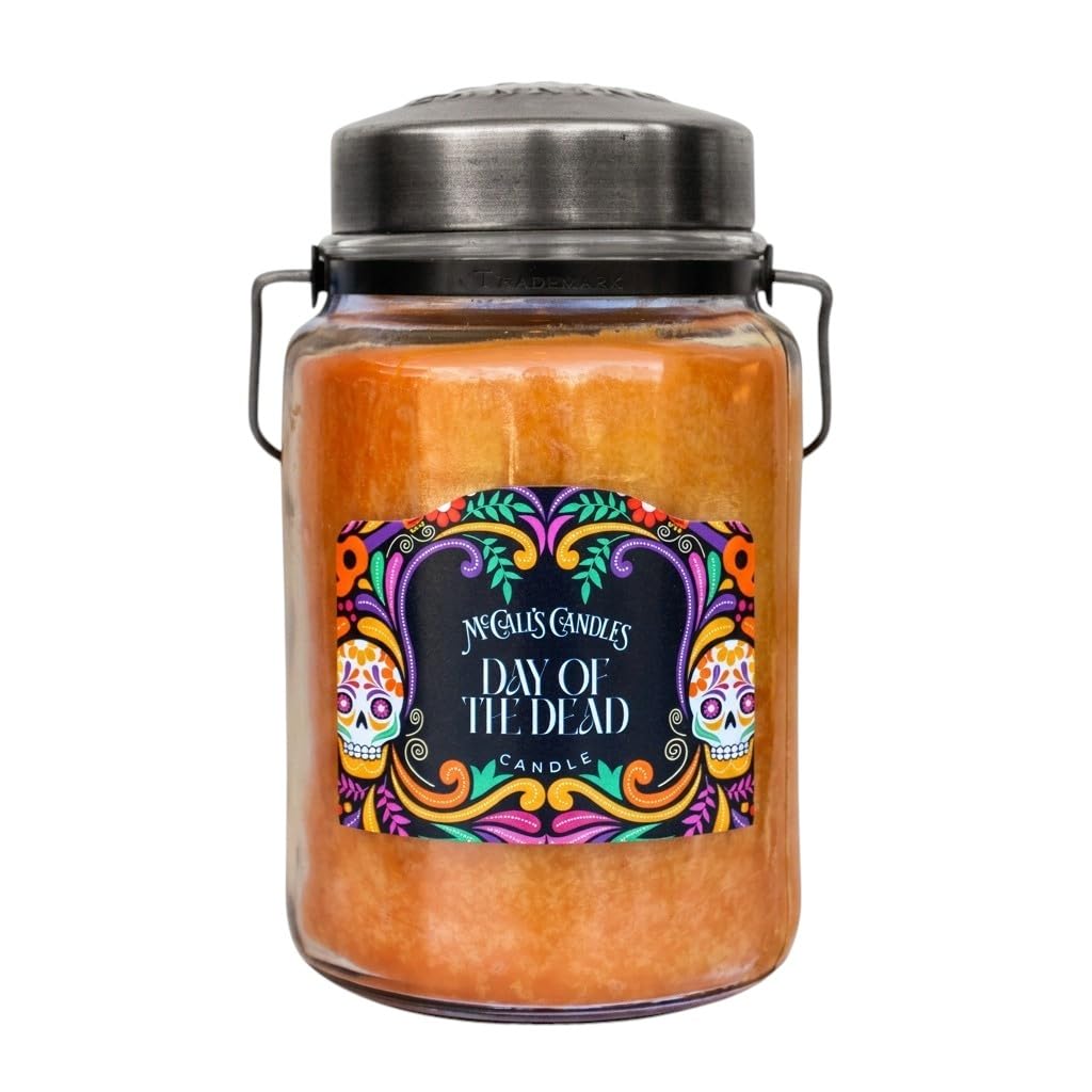 McCall’s Candles | Day of the Dead | 26 oz Scented Candle | USA-Poured | Vintage Rustic Jar with Carrying Handle | Black Plum, Peach & Patchouli Fragrance