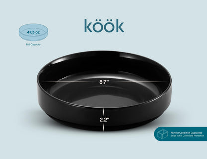 KooK Pasta Bowl, Bowl Plate, Low Bowl, Plate Bowls, Ceramic Large Shallow Bowls, Microwave and Dishwasher Safe, Great for Soups and Salads, Glossy Porcelain, 47 oz, Set of 4, Black