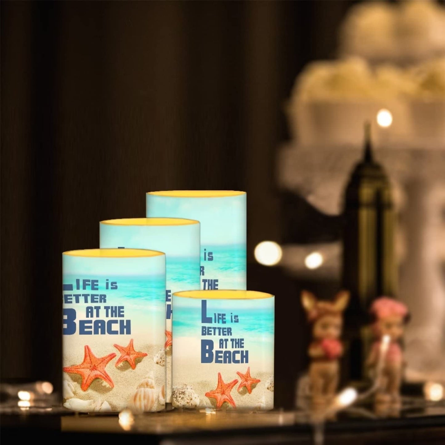 Cozeyat Life is Better at The Beach LED Candles 4 Packs,Flameless Votive Candles Battery Operated,Flickering Electric Tea Lights with Remote and Timer, Lights for Beach Party Wedding