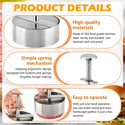 Quivorant 4.5" Burger Maker Press with 50 Patty Papers, 304 Stainless Steel Adjustable Non-Stick Hamburger Patty Maker, for Kitchen BBQ & Sandwich, Beef, Vegetables, Meat, Party Grill, Easy Release