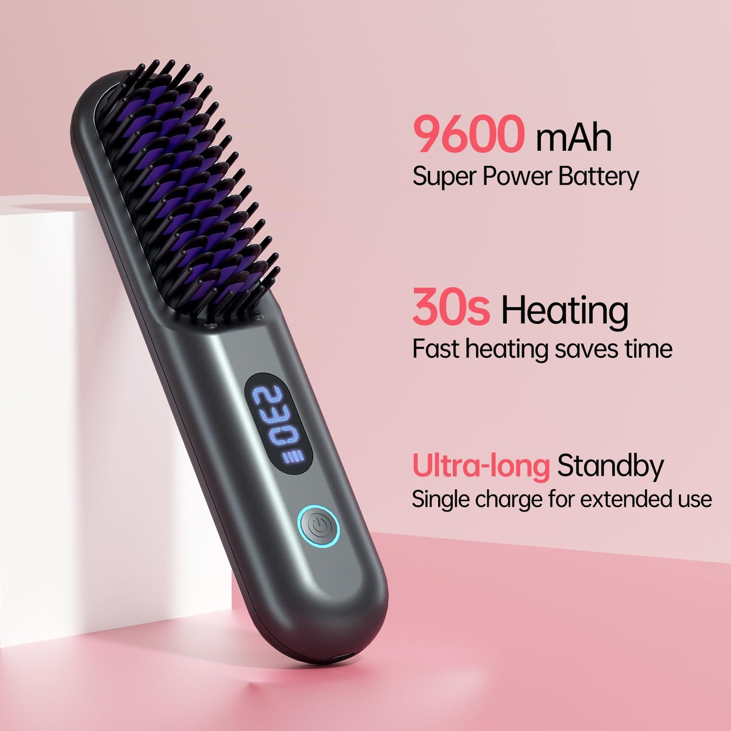 Cordless Hair Straightener Brush-Portable Straightening Comb, 9600mAh Batt, Plasma Tech, 9 Temp-Settings & LED Display, for Travel & Home(Pink)