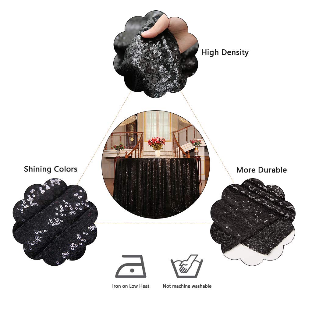 Juya Delight 120-Inch Round Black Sequin Tablecloth for Wedding Birthday Party Festival Ceremony Dessert Table