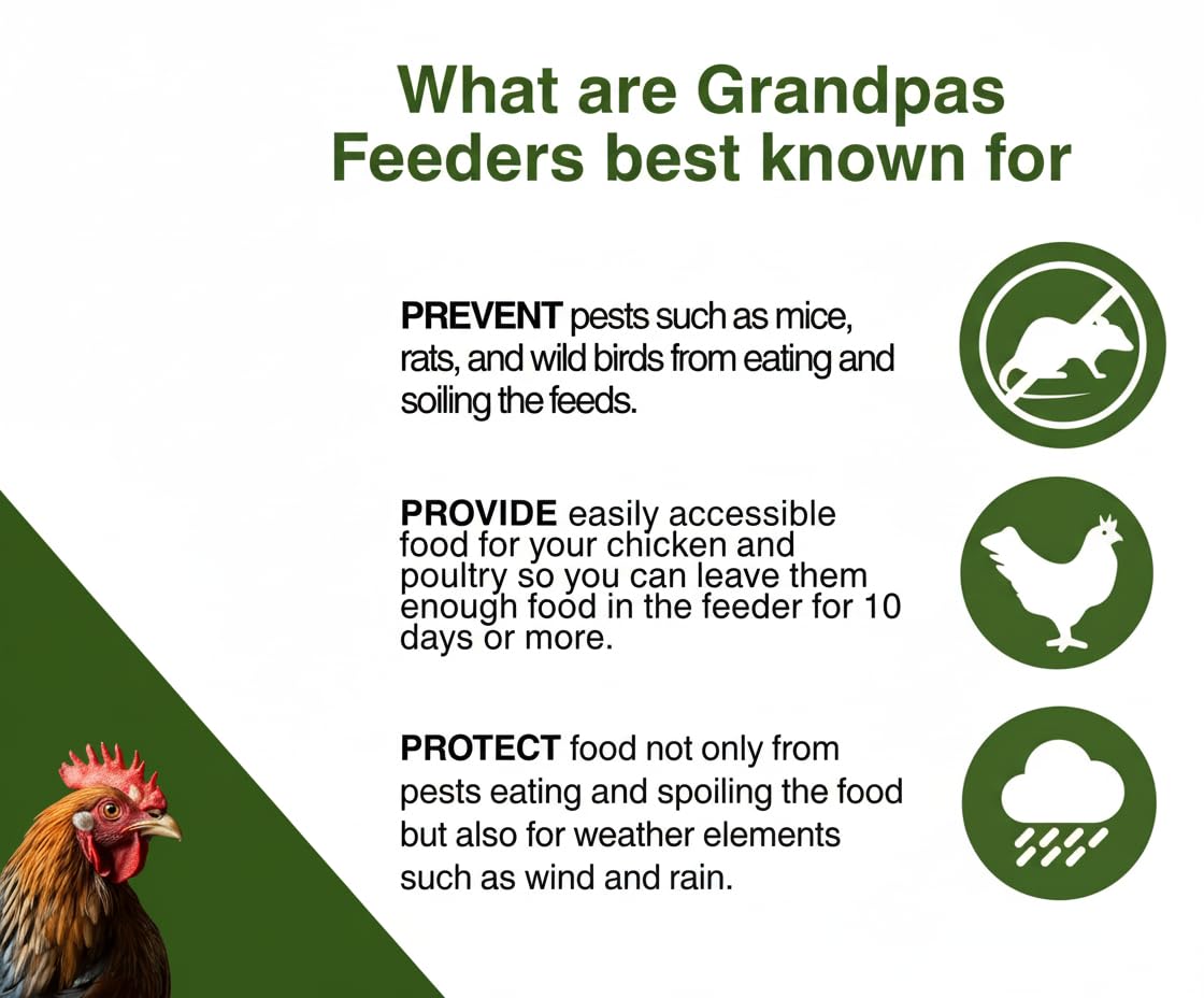 Grandpas Feeders Automatic Chicken Feeder - 20 lbs No Waste Poultry Feeder, Rat Proof & Rodent Proof Treadle Chicken Feeder, Galvanized Steel with Lid, Feeds 6 Chickens up to 10 Days