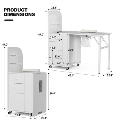 Belandi Foldable Nail Desk Manicure Table, Folding Nail Table Station for Nail Tech w/Dust Collector, 2 Open Shelves & 2 Drawers, Foldable Manicure Desk w/Wrist Cushion, Lockable Wheels