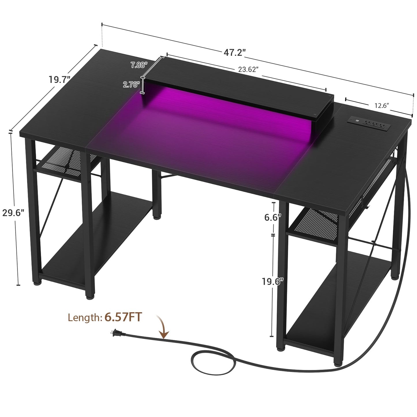 armocity Computer Desk with LED Lights, 48 Inch Reversible Large Desk with Power Outlet and USB, 48'' Gaming PC Table with Moveable Monitor Stand for Home Office, Workstation, Black
