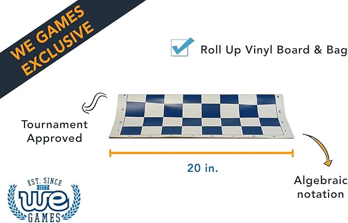 WE Games Tournament Chess Set with Deluxe Blue Canvas Bag Triple Weighted Chess Pieces with 4.0 inch King Vinyl Roll-Up Chess Board 20 inches Travel Chess Set for Adults