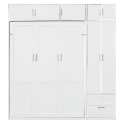 Merax Queen Size Murphy Bed with Top Cabinet, Shelves and Wardrobe, Fold into The Wall, Space-Saving Design, Multifunctional Foldable Platform Bed Frame for Bedroom, Guest Room, Home Office, White