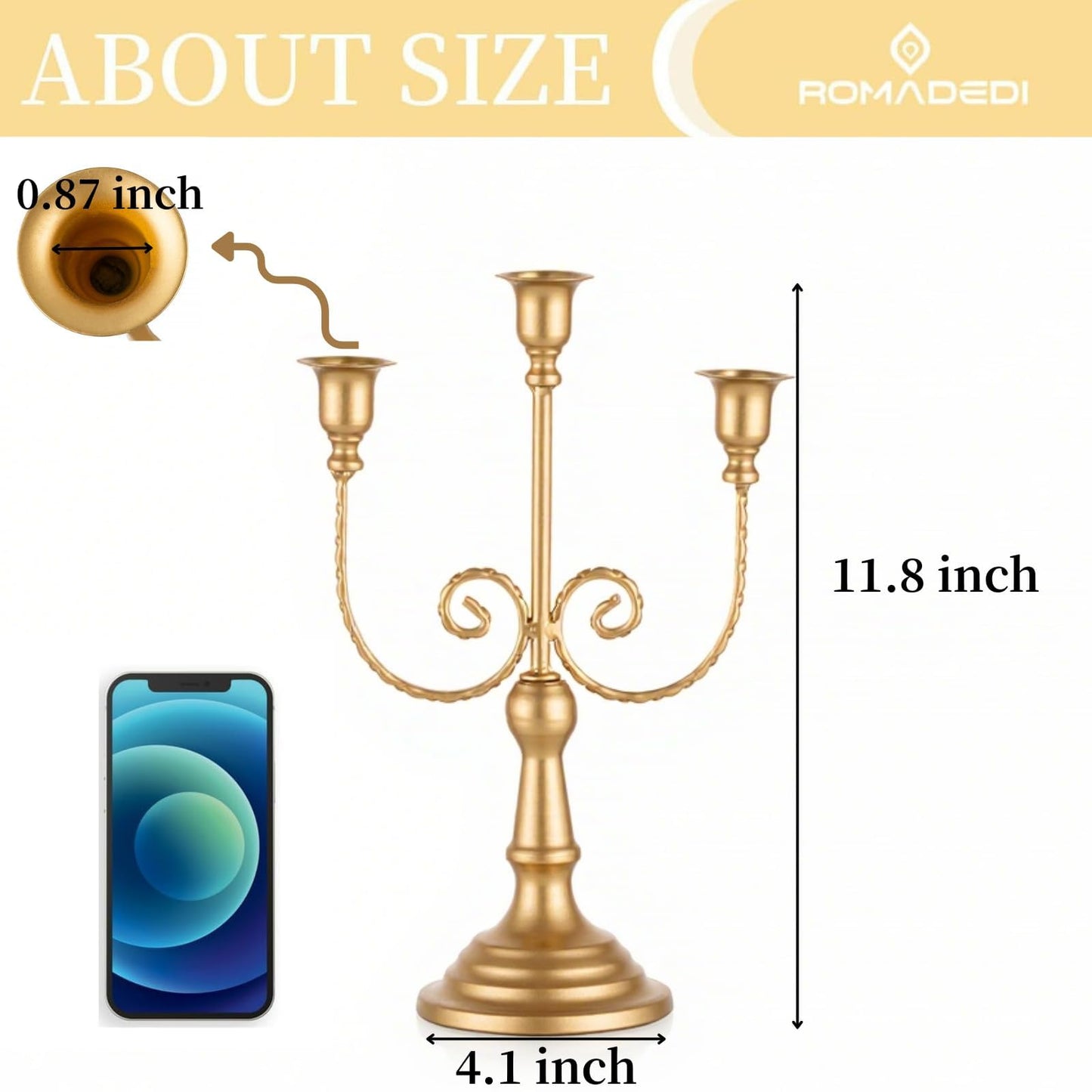 Romadedi Candelabra Gold Candle Holders - 3 Arm 11.8" Wedding Candlestick Holder for Theme Party Table Centerpiece Decor Dining Room Birthday Holiday Christmas