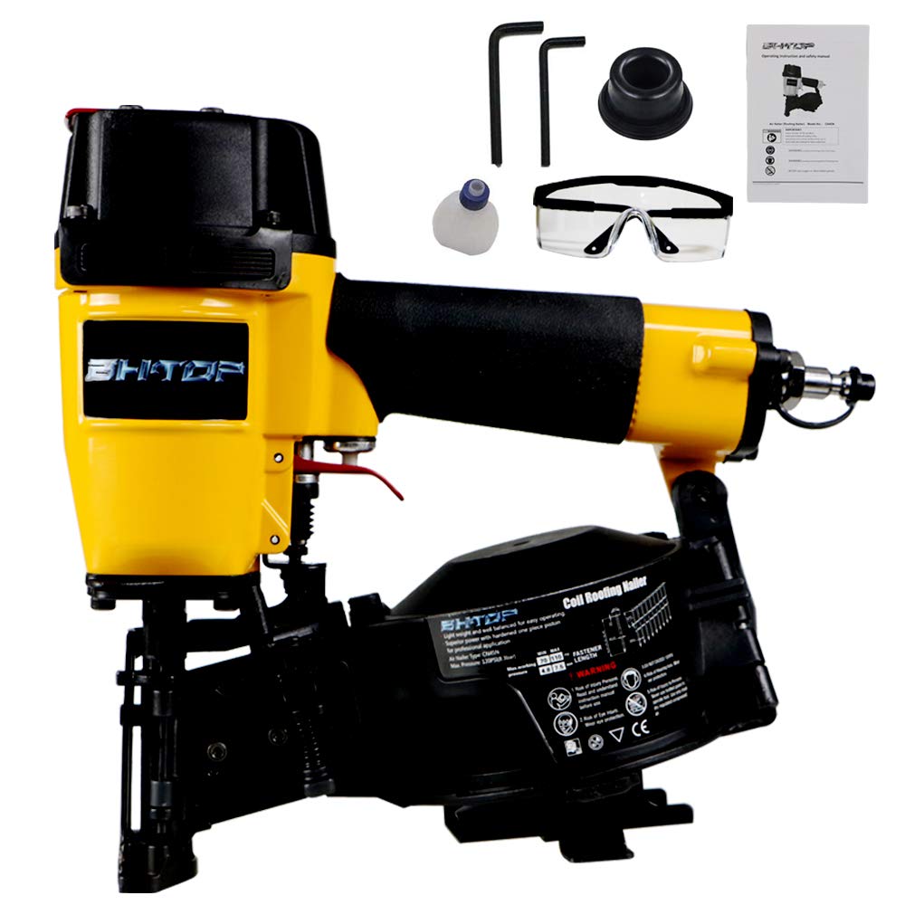 BHTOP CN45N Roofing Nailer, 15 Degree Roofing Nail Gun & 3600 Count Coil Roofing Nails 3/4 Inch x .120-Inch