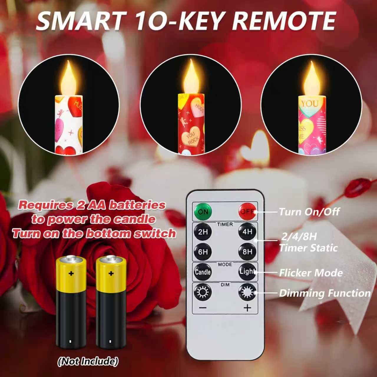 LCZLUMIPRO Valentine Taper Candles, 6 Pcs 10.6 Inch Flameless LED Candlesticks with Remote & Timer, Battery Operated Conversation Heart Decor for Valentine‘s Day Dinner Anniversary Wedding Table Decor
