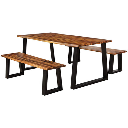 Giantex 3PCS Wooden Dining Set Bench Chair Rustic Indoor &Outdoor Furniture (Rustic Brown&Black)
