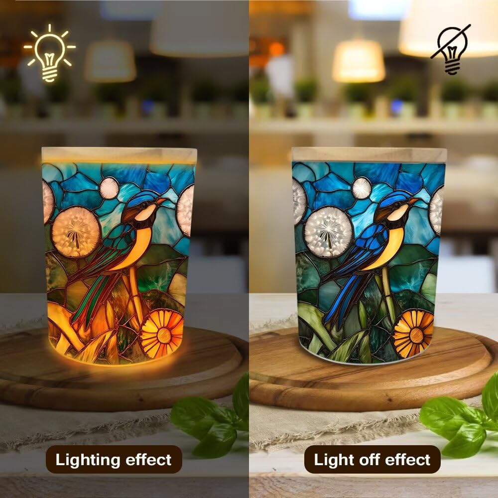 Stained Glass Birds Tea Light Candle Holders, Dandelion Flowers Tealight Candle Holder Jar with Wooden Lid, Bird Votive Candlesticks for Table Centerpieces, Christmas,Birthday Party,Home Decor