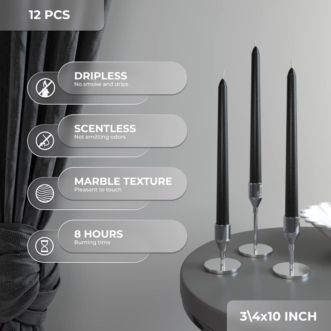 CANDWAX 10 inch Taper Candles Set of 12 - Unscented Black Tapered Candle Sticks - Perfect for Halloween Decoration