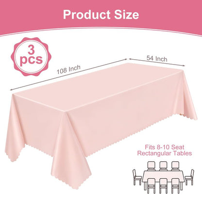 3 Pack Plastic Light Pink Tablecloths, 54 X 108Inch Disposable Spring Tablecloth Scalloped Mother's Day Table Cloth for Rectangle Tables Table Cover for Easter Baby Shower Bridal Tea Party Wedding