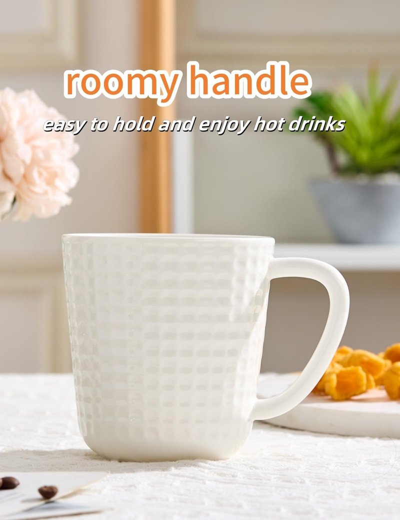 14oz Ceramic Coffee Mugs Set of 4 - Embossed Grid Texture Coffee Cups -Modern Minimalist Coffee Mug for Latte, Cappuccino & Cocoa - Dishwasher & Microwave Safe - Ideal Mother's Day & Wedding Gift