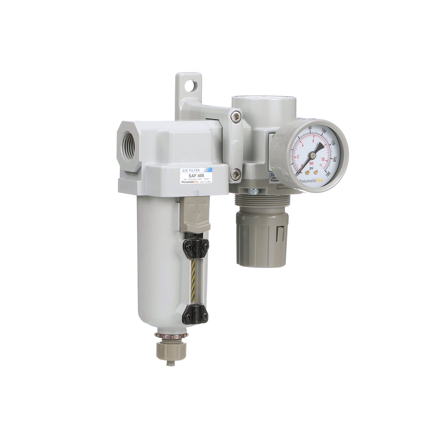 PneumaticPlus SAU420-N04G-MEP Compressed Air Filter Regulator Combo 1/2" NPT - Metal Bowl, Manual Drain, Bracket, Gauge