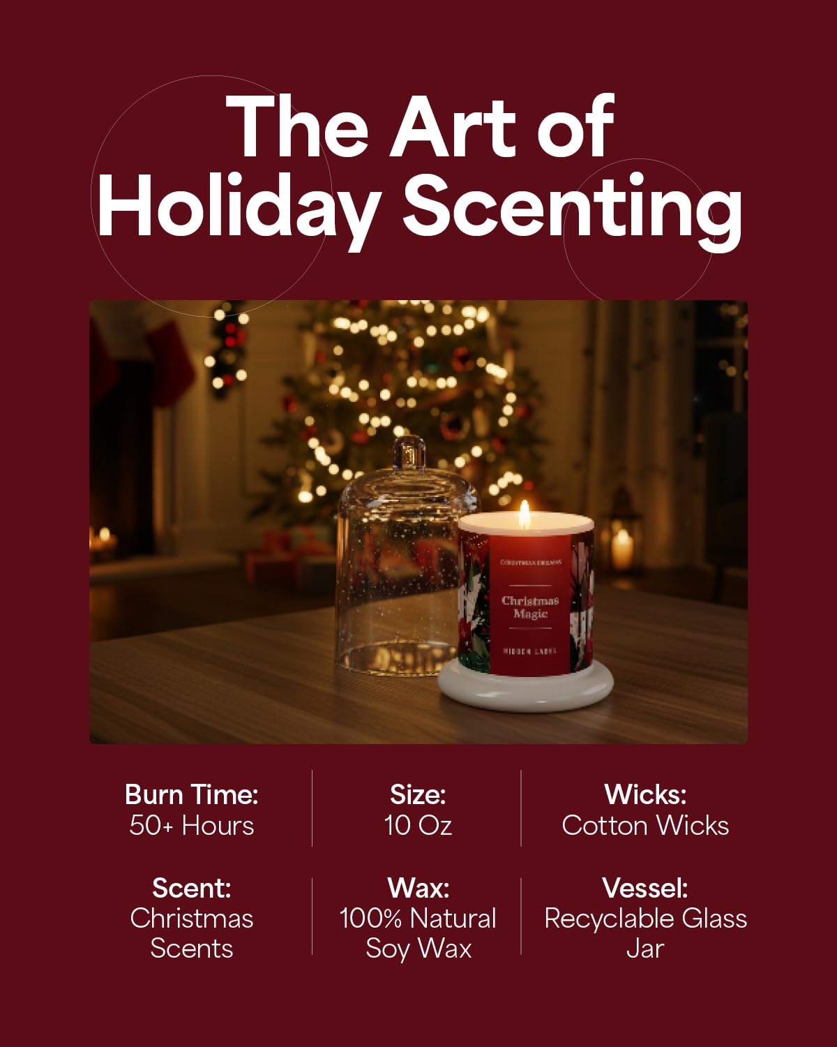 Christmas Magic Scented Candle, 10oz Natural Soy Wax Clear Bell Jar, Up to 60 Hours Long-Lasting, Clean Burn, Non Toxic Aromatherapy Candles for Home, Stocking Stuffer Holiday Gift
