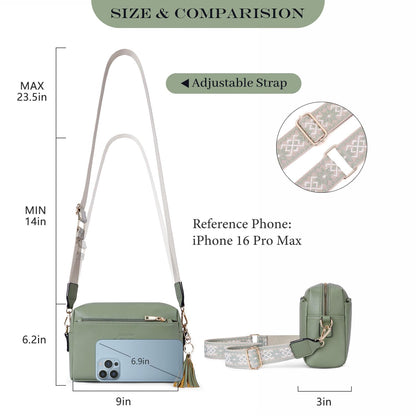 Roulens Triple Zip Small Crossbody Bag for women,Wide Strap Cell Phone Purse Shoulder Handbag Wallet with Credit Card Slots