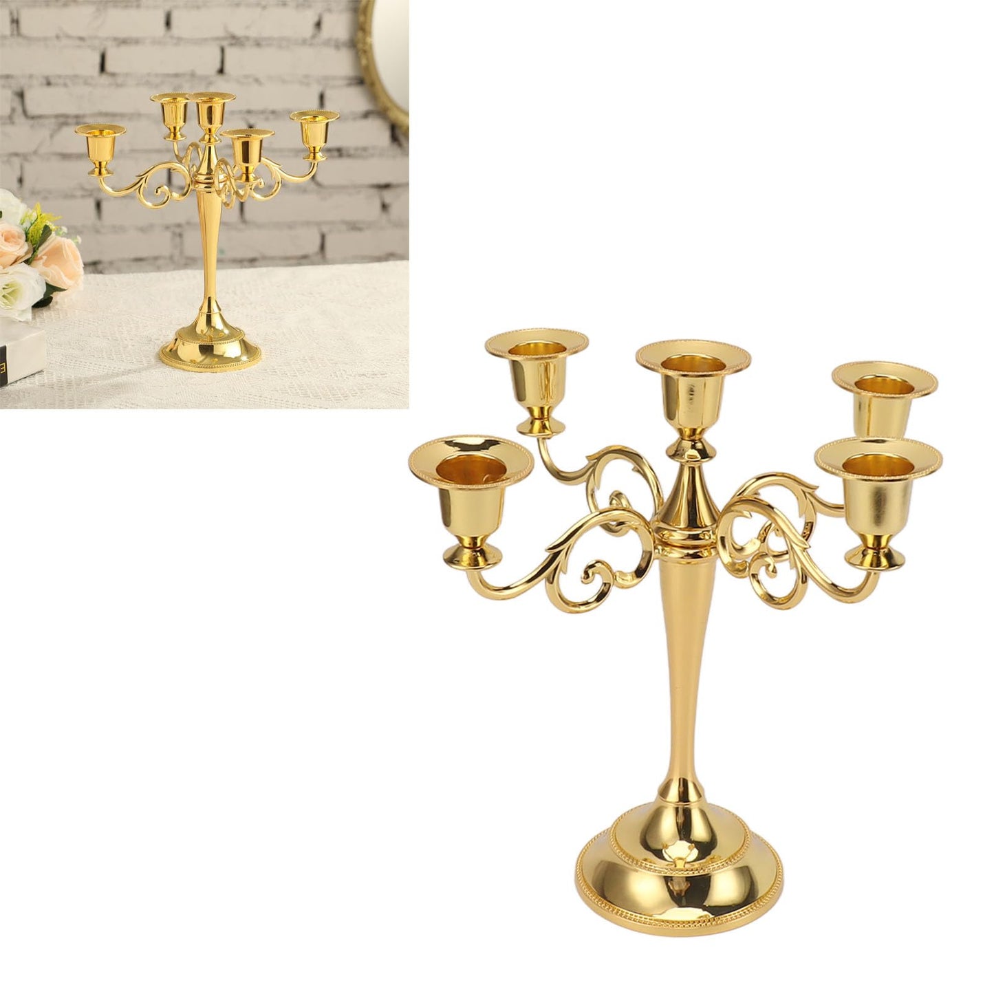 5 Arm Candlestick Holder, Iron Retro Decorative Candle Holder, Golden Metal Centerpiece for Home Church Dining Table, Sturdy Elegant 5 Arm Candle Holder with Fine (Gold)