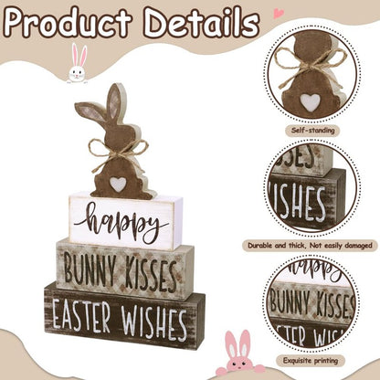 DIYDEC 4Pcs Easter Tabletop Decorations Bunny Wooden Block Signs Gift Rustic Tiered Tray Decor Happy Easter Centerpiece Farmhouse Wood Rabbit Table Sign for Kitchen Home Office Party Decor
