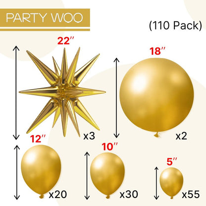 PartyWoo Metallic Gold Star Balloons 110pcs Different Sizes 18 12 10 5 Inch Pack 22 Inch Gold Spike Star Explosion Foil Mylar Balloon Arch Kit for Birthday Engagement Party Decorations Gold-G101