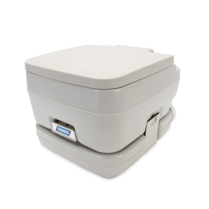 Camco 2.6-Gallon Portable Toilet - Features Detachable Holding Tank w/Sealing Slide Valve & Bellow-Type Flush - Easy Transport w/Compact Lightweight Design & Carry Handle - Gray (41531)