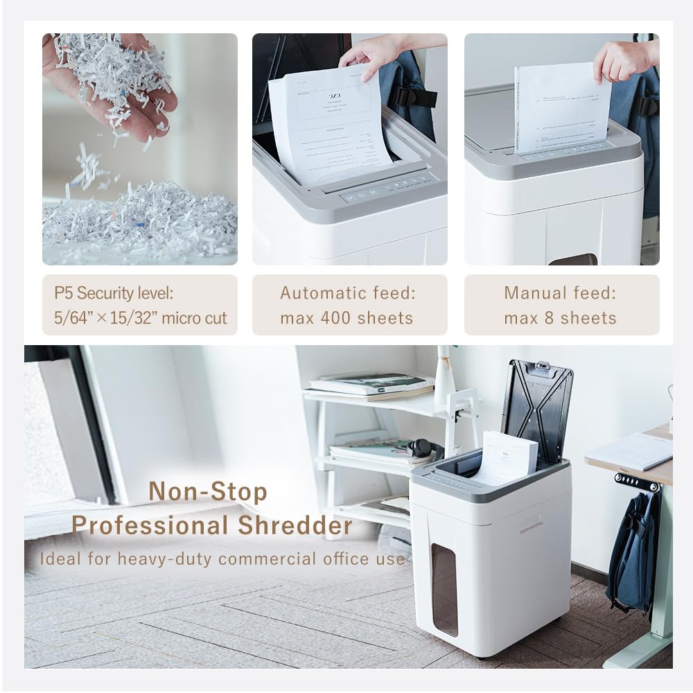 Effeluviate Heavy Duty Paper Shredder: 400 Sheets Auto Feed - Micro Cut P5 Security - Jam Proof Document Shred Machine - 13.2 Gallon Pullout Basket with Wheels for Home/Office/Commercial Use