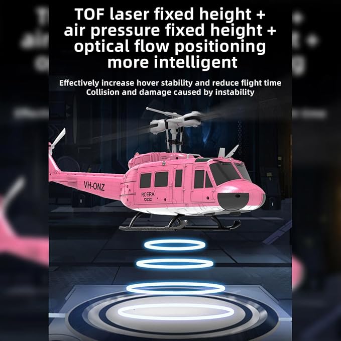 C032 UH-1 Huey RC Helicopter for Adults 1/48 Scale 2.4G 6CH Flybarless Stunt RC Plane 6-Axis Gyroscope Optical Flow Positioning TOF Lidar Height Setting for Beginners (Pink (2 Batteries))