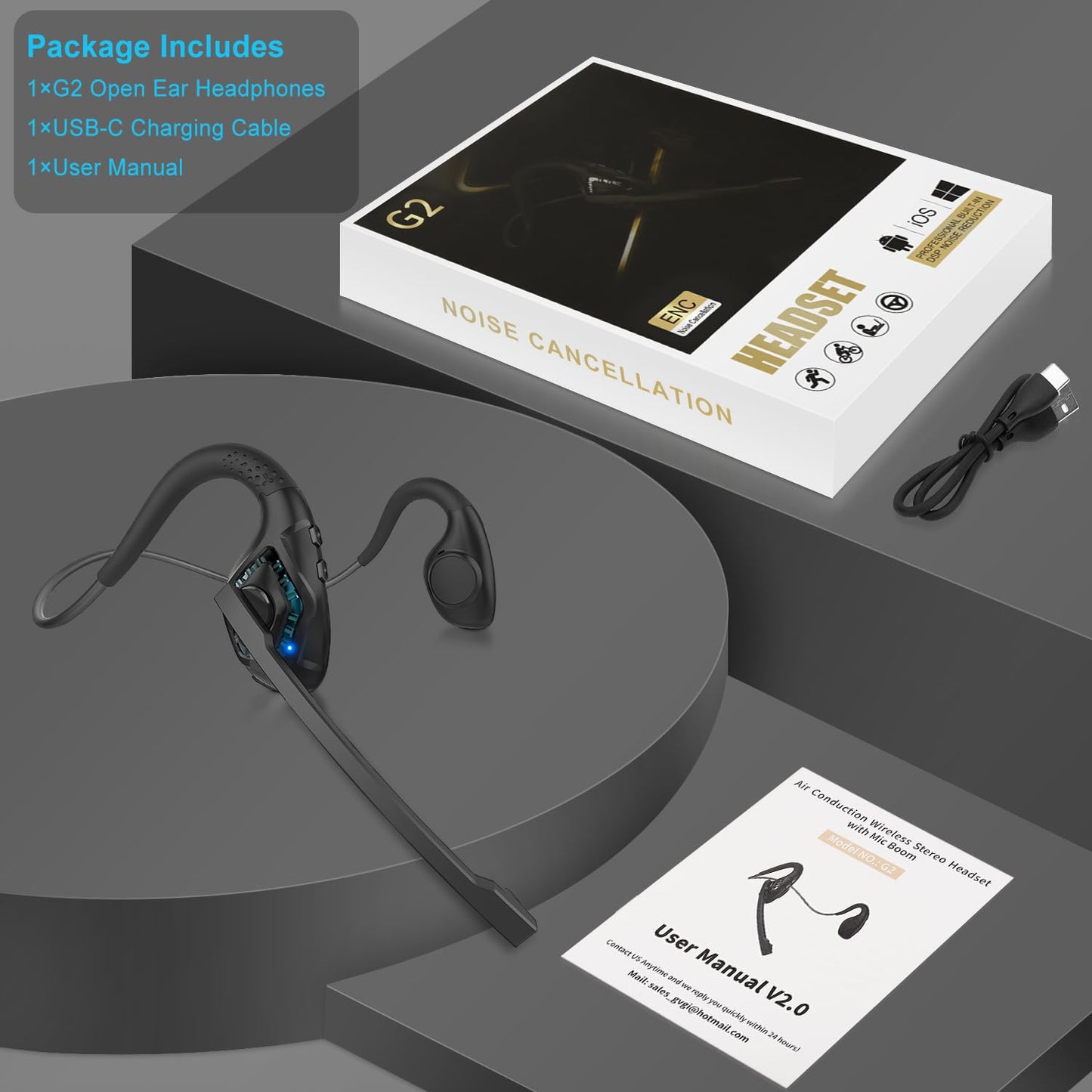 iDIGMALL Bluetooth 5.3 Headset with Microphone, Open Ear Headphones w/Noise Cancelling Mic for Phone PC Computer Laptop, Lightweight & Comfortable Wireless Headset for Office Driving Working Home,10H
