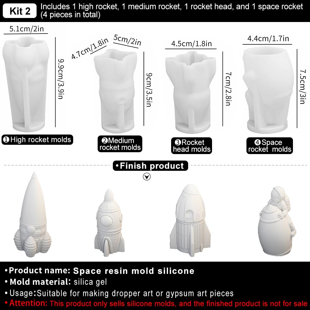 Space Planet Resin Molds Silicone，【4-Piece Set】 Epoxy Resin Space Astronaut Silicone molds,3D Resin Spaceballs Molds, Small Rocket Silicone Model, Space Rabbit DIY Gift Sets for Teens(【Kit 2】)