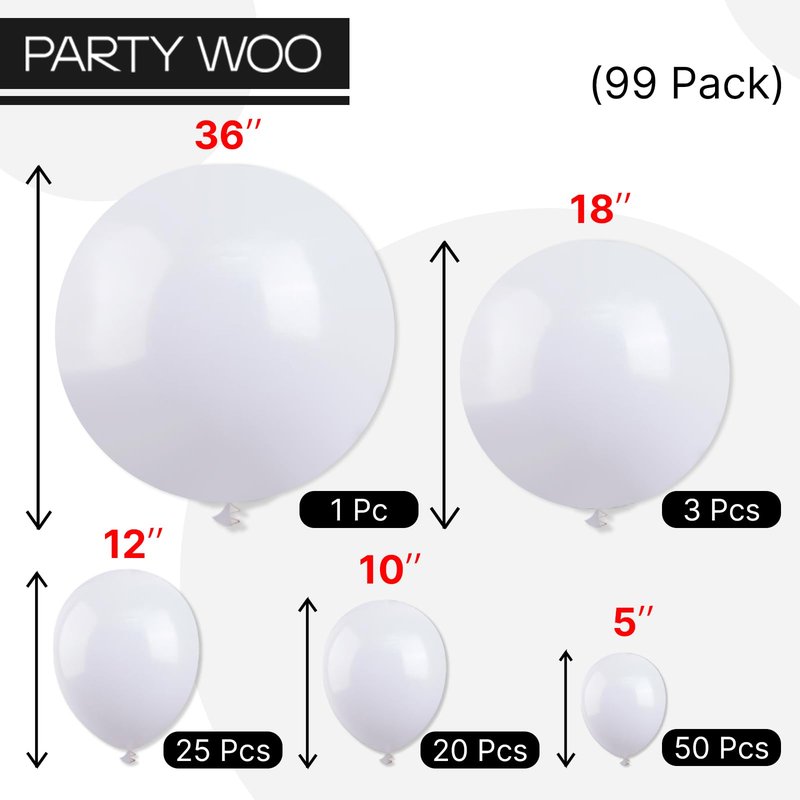 PartyWoo White Balloons 99pcs Different Sizes Pack of 36 18 12 10 5 Inch Matte White Latex Balloon Arch Kit Garland for Wedding Bridal Graduation Baby Shower Birthday Party Decorations White-Y13