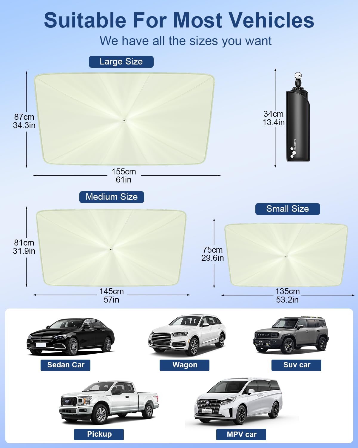 helloleiboo [2025 Upgraded] Car Windshield Sun Shade Umbrella 57"x 32" Windshield Sun Shade Foldable 5-Layer Thickened Vinyl Coating Reflective Polyester Blocks Heat & UV Rays for Medium Car Sedans