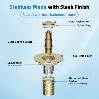 Upgraded Bathroom Sink Drain Strainer Hair Catcher 2PCS Universal 3 in 1 Pop-up Sink Stopper, Fit for 1.1''~2.36'' Basin Hole, with Detachable Stainless Steel Filter Basket, Brushed Gold