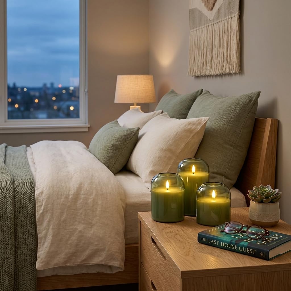 Mid Century Modern & Boho Home Decor, 3-Pack Olive Green Glass Battery Operated Candles, Flameless LED Pillar Candles with Remote & Timer, Realistic Flickering 3D Wick for Mantel, Shelf, Entryway