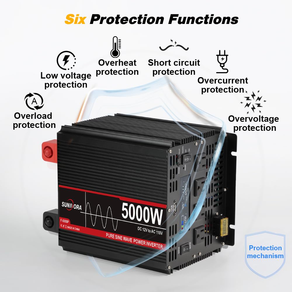 5000 Watt Pure Sine Wave Power Inverter, 12V DC to 110V/120V AC Converter 10000W Peak, with Remote Control LCD, 4 AC Outlets & USB Port & Hardwire Terminal, for Car Truck RV Camping Solar System EPS