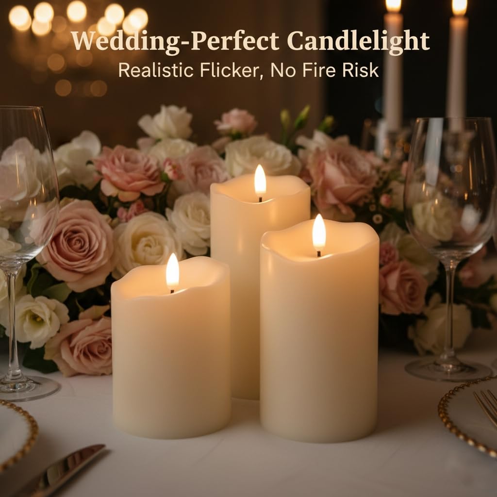 ANGELLOONG Flickering Flameless Candles, Realistic Battery Operated Candles with Remote and Timer, Set of 3 LED Candles for Room Fall Home Wedding Decor Centerpieces Table Party Valentines Decorations