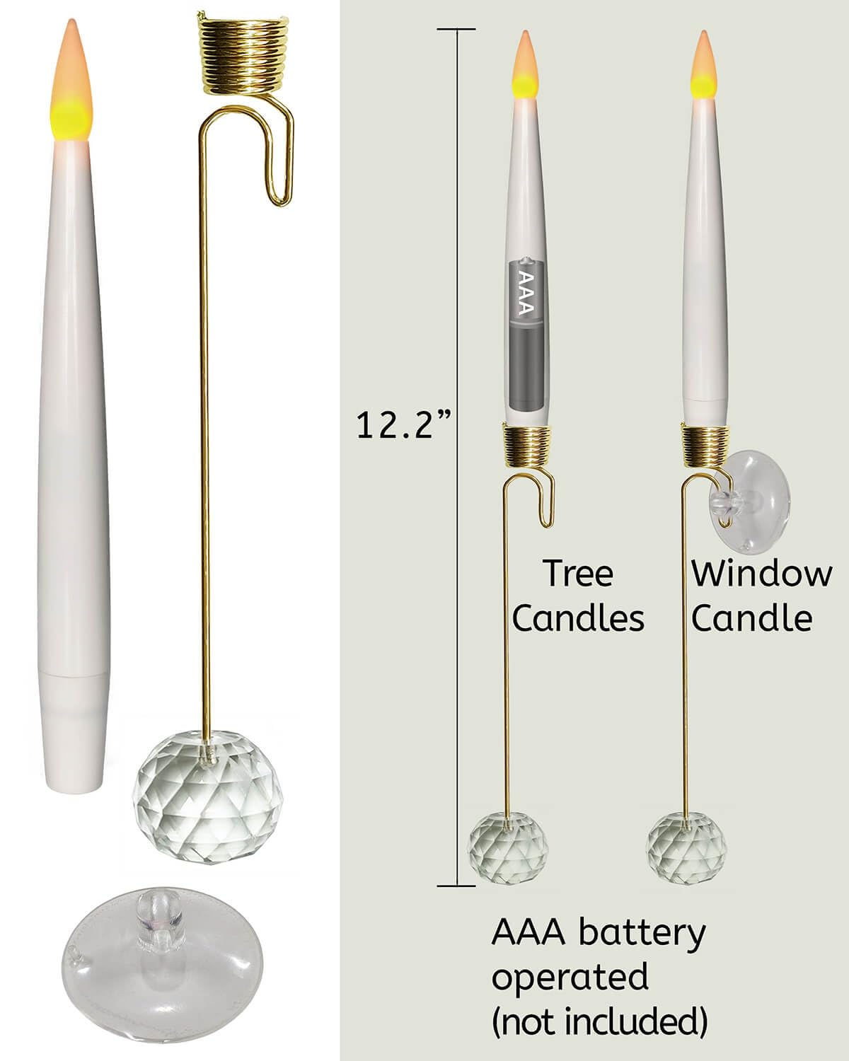 Knoste Christmas Tree Candles-Wand Remote-Crystal Ball Hooks-Suction Cups, 10 Pcs Battery Operated Window Candles, Flickering Warm Light, Xmas Home Ornaments, Wedding Party Decorations