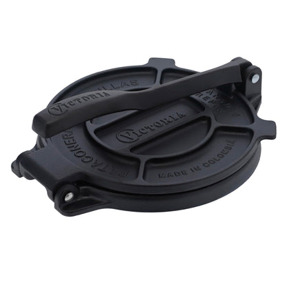 Victoria 8 Inches Cast Iron Tortilla Press, Roti Maker and Tortilladora, Pataconera Seasoned with Flaxseed Oil, Made in Colombia, Traditional Style, Black