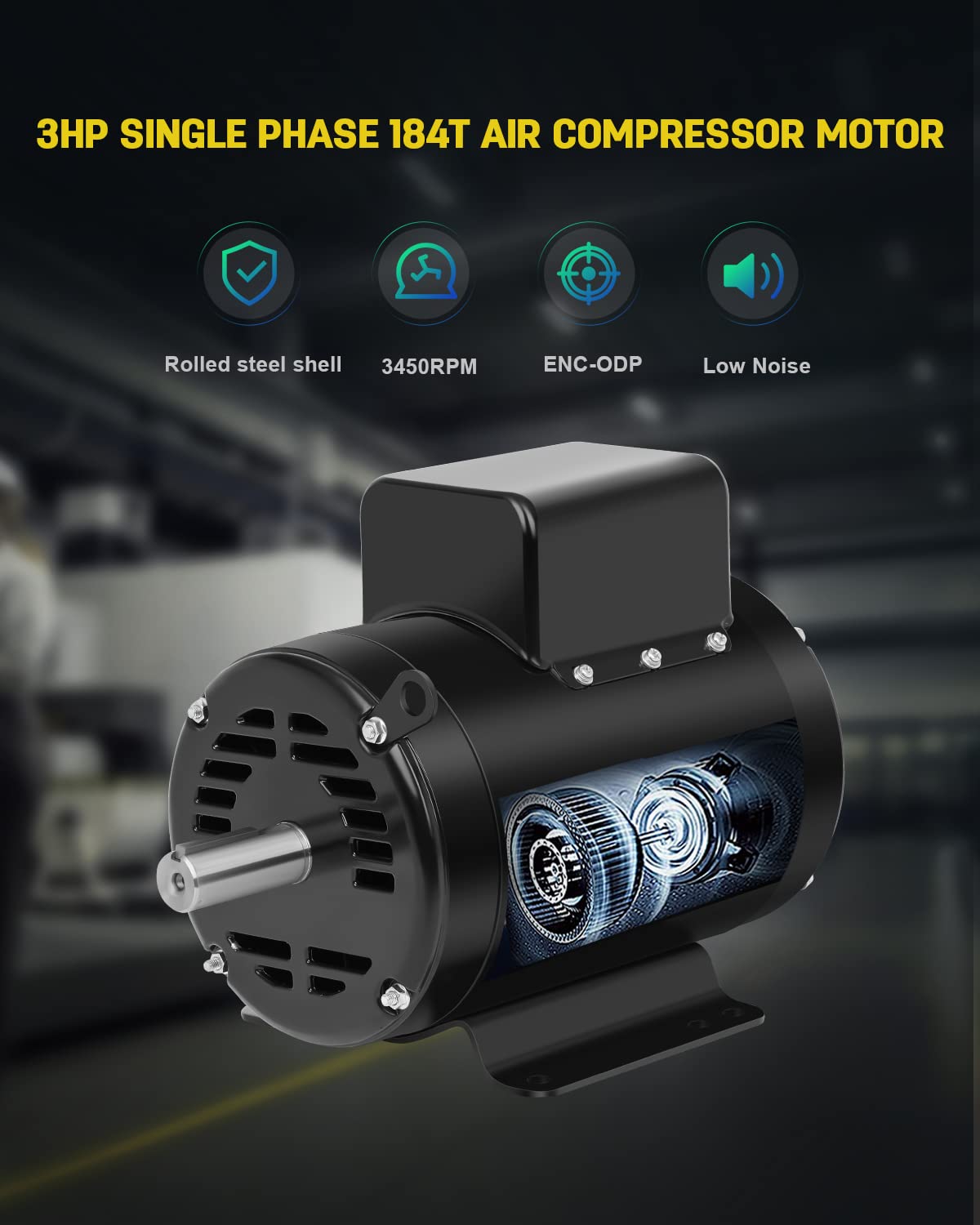 3HP Air Compressor Motor Single Phase Electric Motor 1750RPM 184T Frame ODP 208V-230V 1-1/8“Shaft Diameter Rolled Steel Shell 60HZ