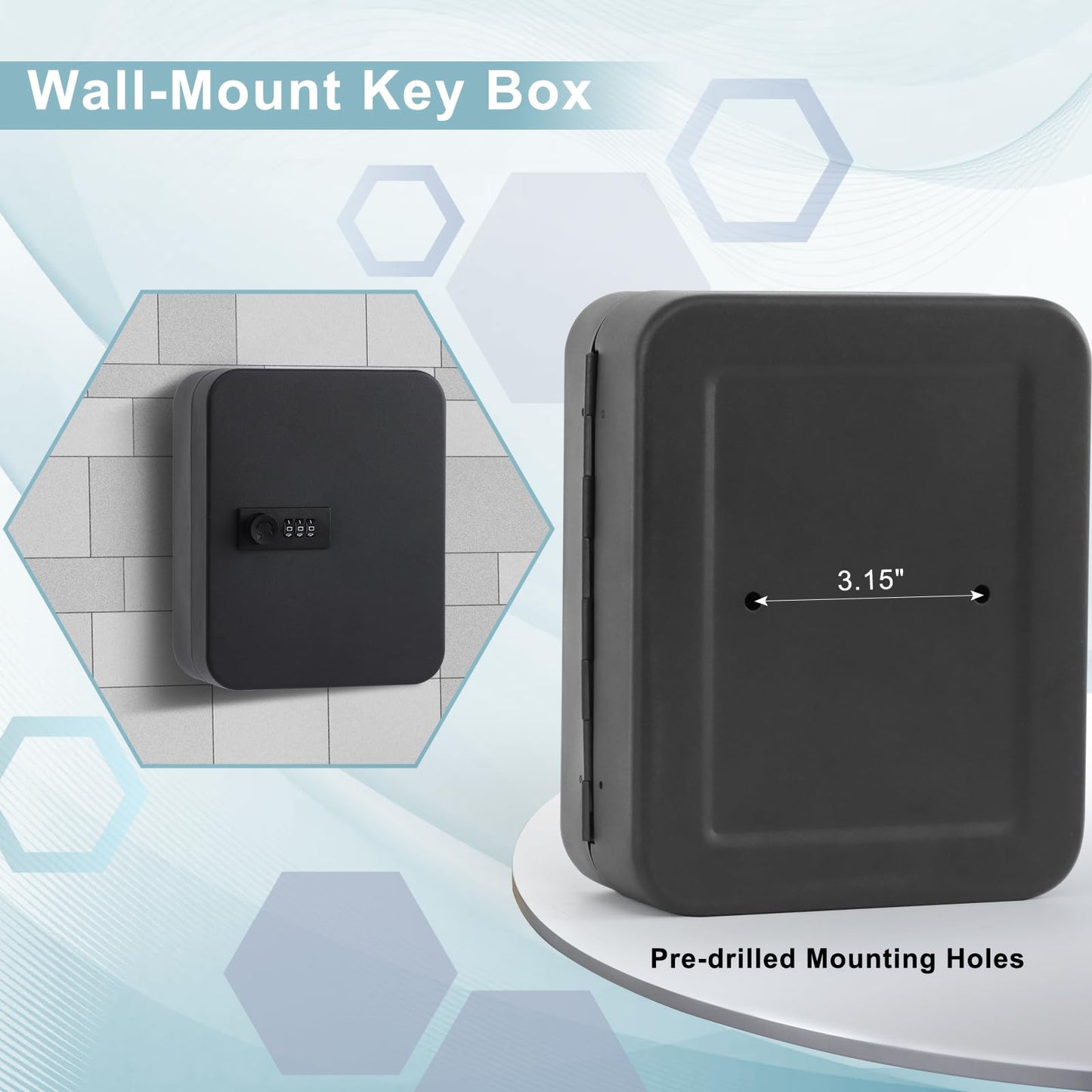 KYODOLED 20 Key Storage Lock Box with Code, Key Cabinet Organizer Wall Mount with Combination Lock, Key Hooks & Labels, 7.87 x 6.3 x 3.14 in, Black