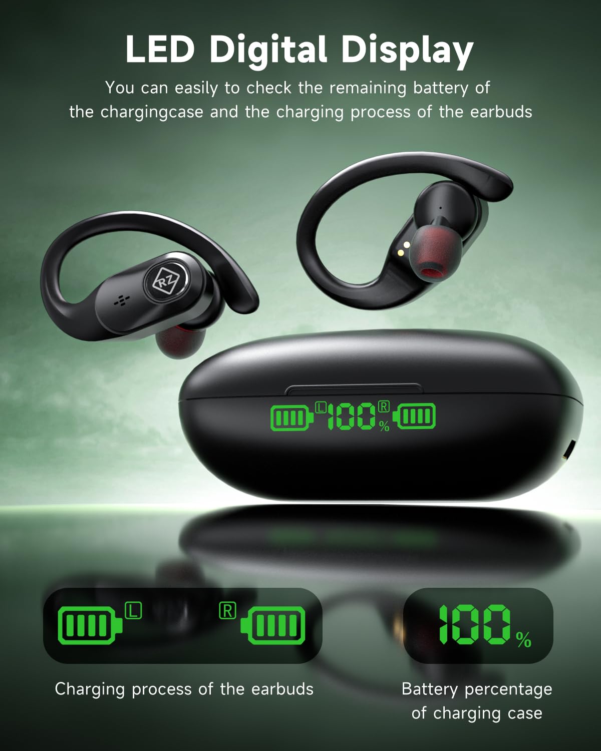 Wireless Earbuds Bluetooth Headphones 96H Playtime LED Display Waterproof Built in Mic Deep Bass Sound Secure Over Ear buds Earhooks for iPhone Android Samsung Cell Phones Sport Running Workout Gaming