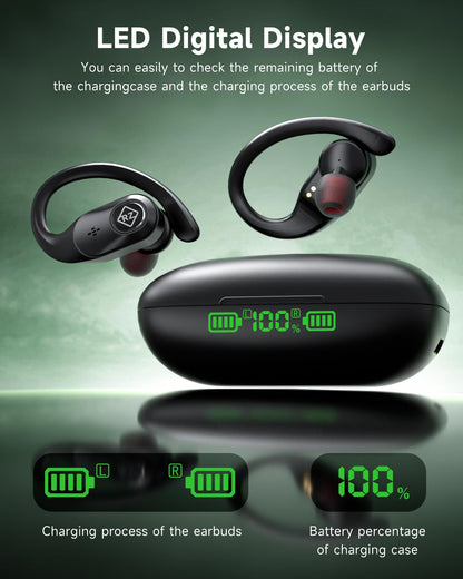 Wireless Earbuds Bluetooth Headphones 96H Playtime LED Display Waterproof Built in Mic Deep Bass Sound Secure Over Ear buds Earhooks for iPhone Android Samsung Cell Phones Sport Running Workout Gaming