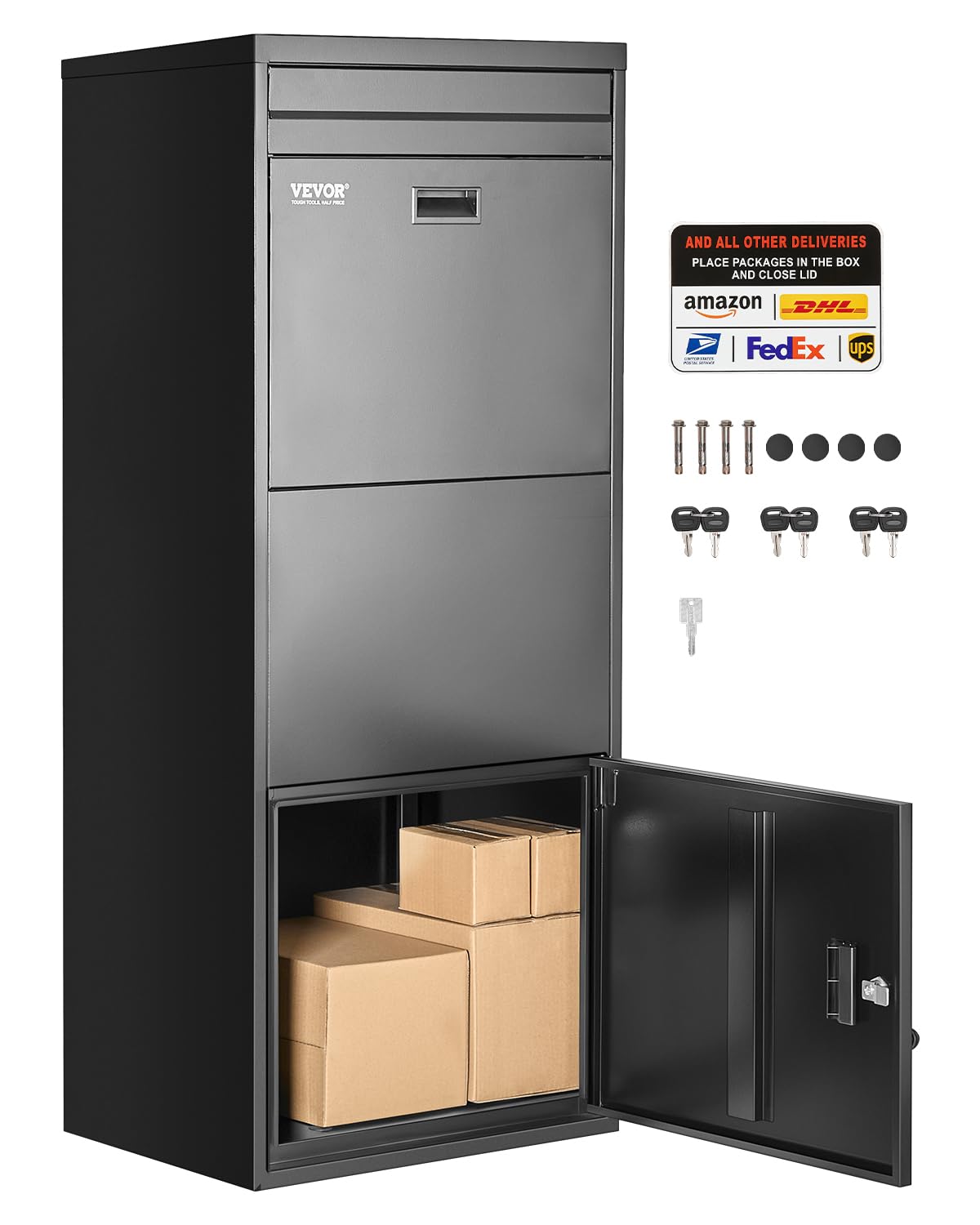 VEVOR Package Delivery Boxes for Outside, 47.2 in Mailbox for Parcel with Lock, Galvanized Steel Package Drop Box with Anti-Theft Design, Weather-Resistant Package Mailbox for Home and Office, Black
