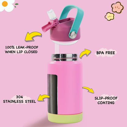 Kerilyn 12oz Kids Water Bottle, Stainless Steel Insulated Water Bottle for Kids, Toddler Cup with Straws Leak-Proof, Kids Water Bottles for School Boys Girls, BPA Free, Rose Red