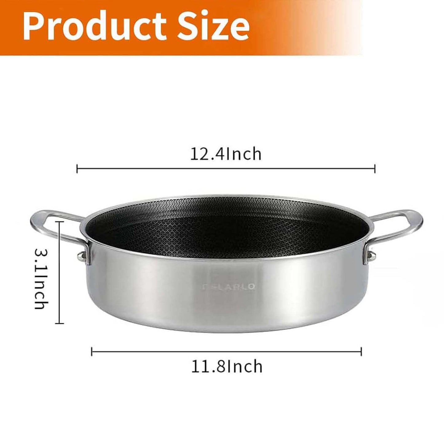 DELARLO Frying Pan,12 inch Skillet with lid,Tri-Ply Stainless Steel Saute Pan 6QT,Dishwasher-Friendly,Stay-Cool Handles,Oven-Safe Up to 660℉