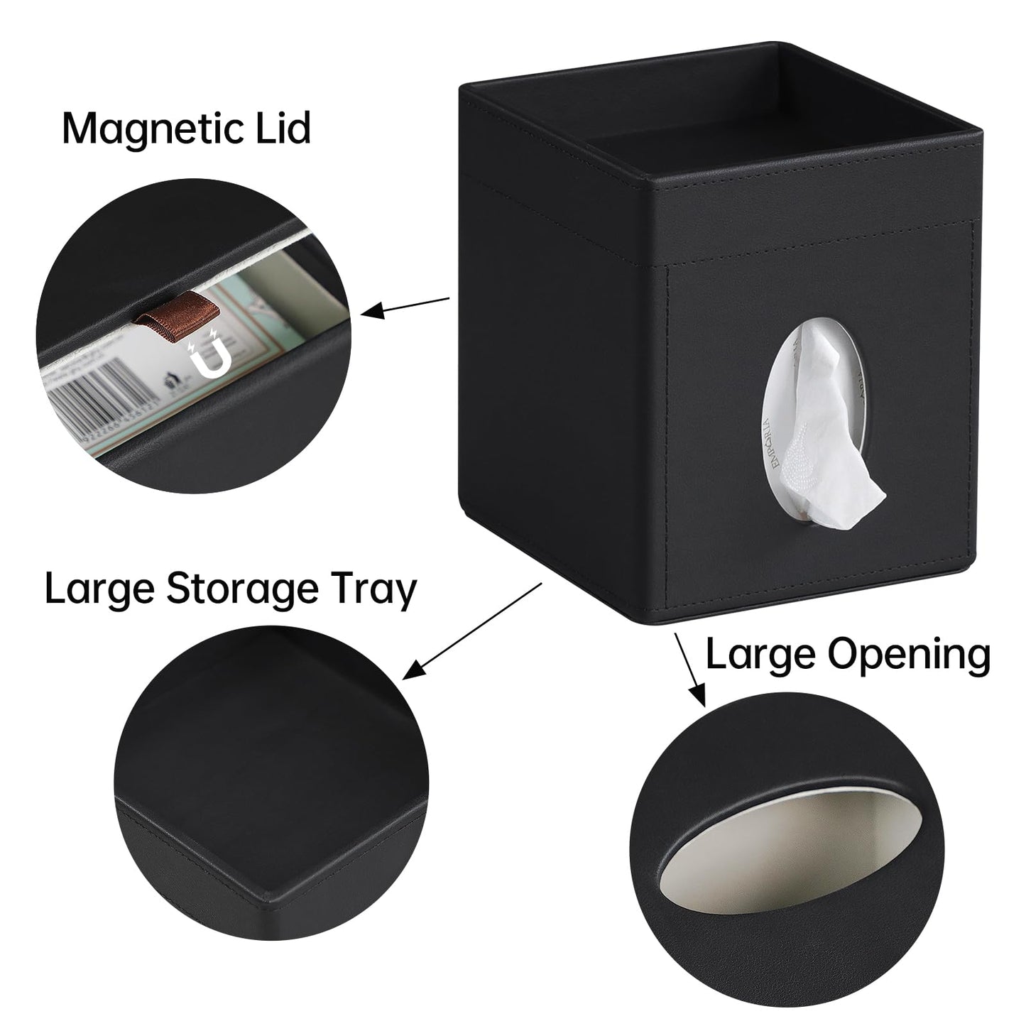 Cretkhp Tissue Box Cover, PU Leather Square Tissue Box Holder with Storage Tray for Bathroom Vanity Countertop Night Stands Bedroom Office Desk, Stylish Tissue Holder Decorative Organizer (Black)