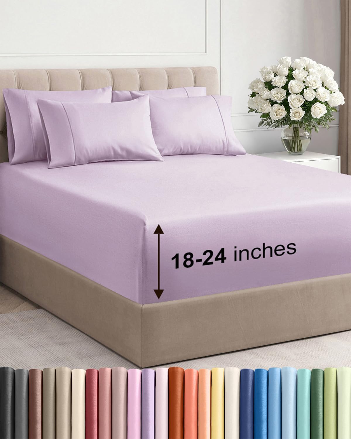 Skiennix Extra Deep Full Sheet Set - 6 Piece Breathable Cooling Sheets - Hotel Luxury Bedding - Soft Wrinkle-Free Light Lavender